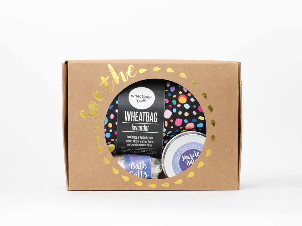 Soothe Gift Pack - Black Pebbles wheatbag, bath salts and muscle balm