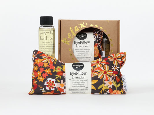 Relax Gift Pack - Groovy Flowers Black Eyepillow and 50ml Rose Quartz Bath Oil