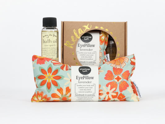 Relax Gift Pack - Groovy Flowers Khaki Eyepillow and 50ml Rose Quartz Bath Oil