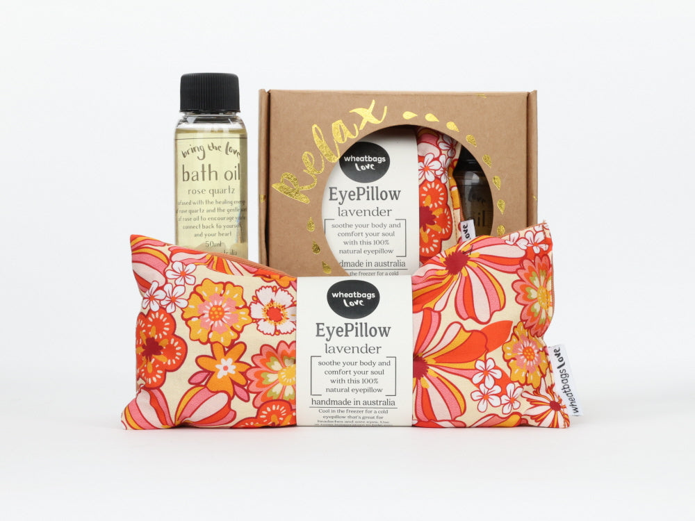 Relax Gift Pack - Groovy Flowers Orange Eyepillow and 50ml Rose Quartz Bath Oil