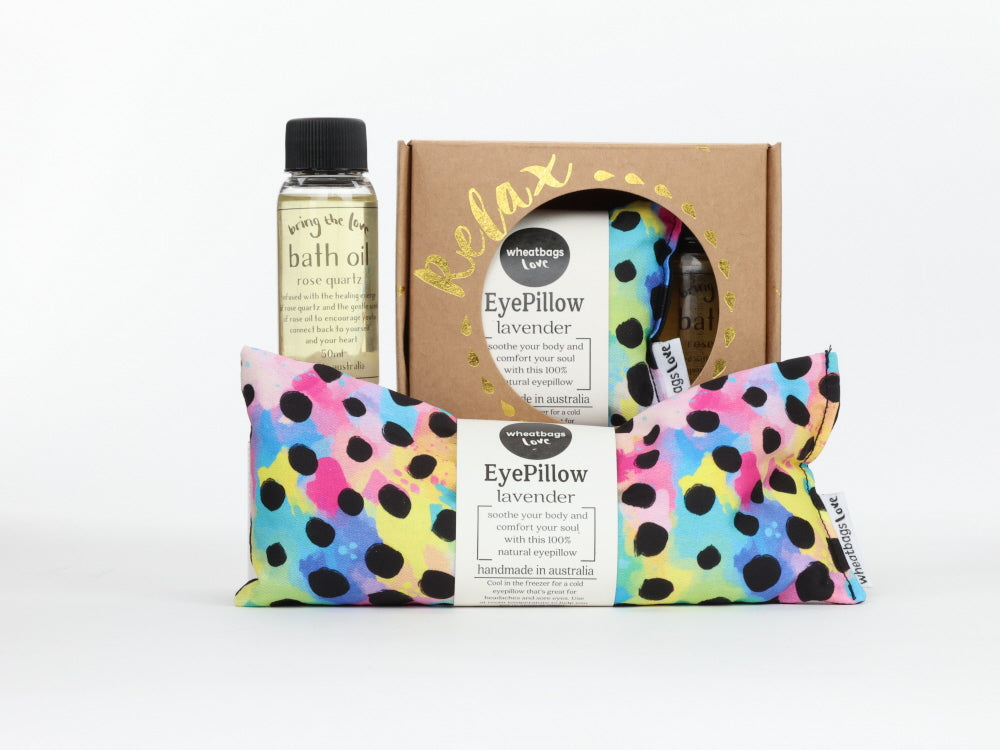 Relax Gift Pack - Cheetah Rainbow Eyepillow and 50ml Rose Quartz Bath Oil