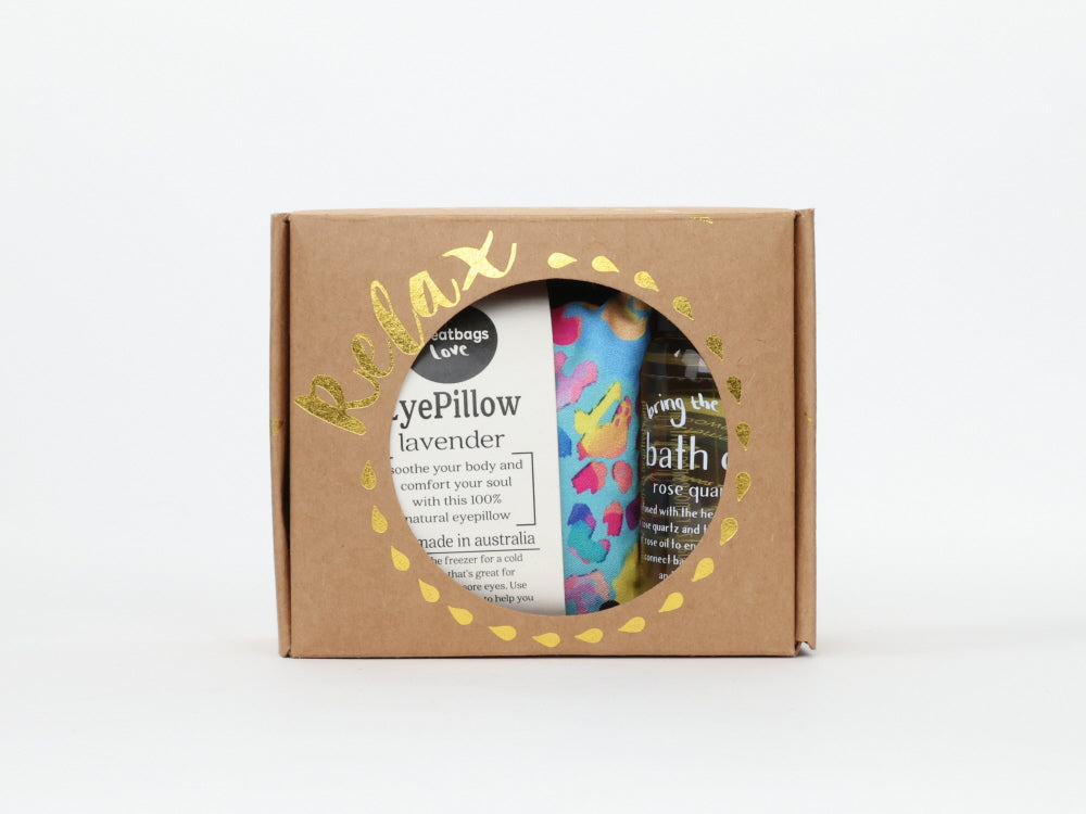 Relax Gift Pack - Cheetah Rainbow Eyepillow and 50ml Rose Quartz Bath Oil