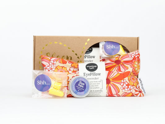 Sleep Gift Pack - Groovy Flowers Orange Eyepillow, Sleep Balm and Earplugs