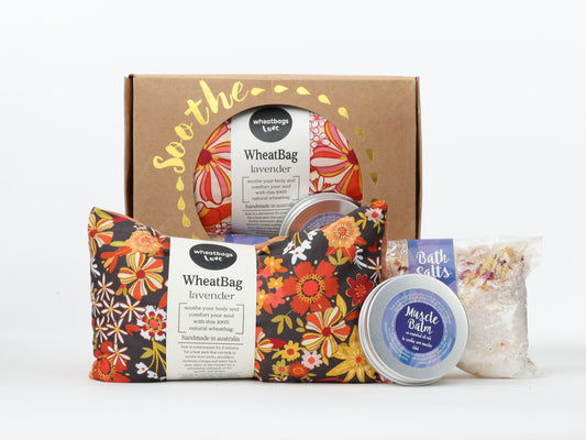 Soothe Gift Pack - Groovy Flowers Black wheatbag, bath salts and muscle balm