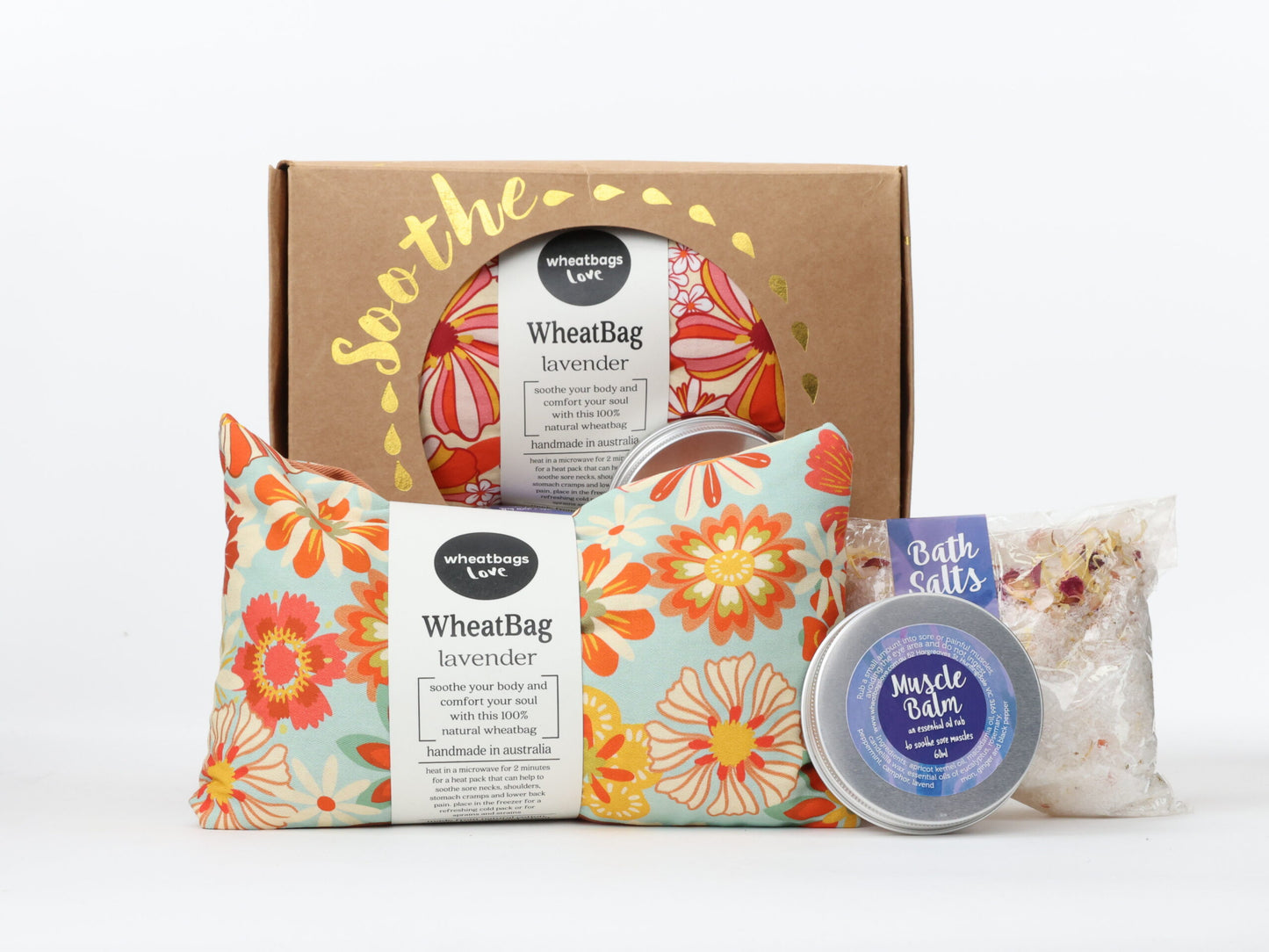 Soothe Gift Pack - Groovy Flowers Khaki wheatbag, bath salts and muscle balm