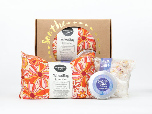 Soothe Gift Pack - Groovy Flowers Orange wheatbag, bath salts and muscle balm