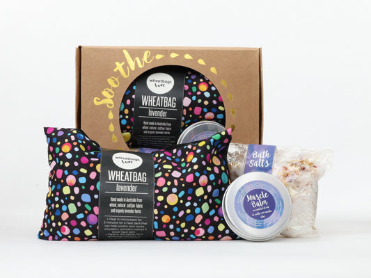 Soothe Gift Pack - Black Pebbles wheatbag, bath salts and muscle balm