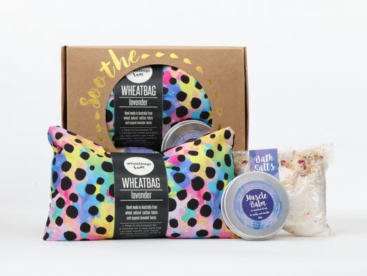 Soothe Gift Pack - Cheetah Rainbow wheatbag, bath salts and muscle balm